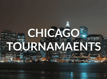 A city skyline at night with the words chicago tournament written in front of it.
