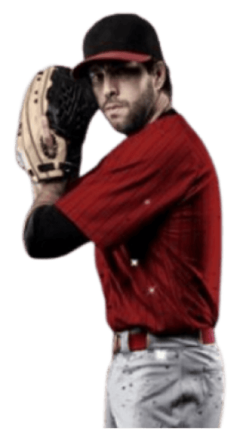 A baseball player is holding his glove up.