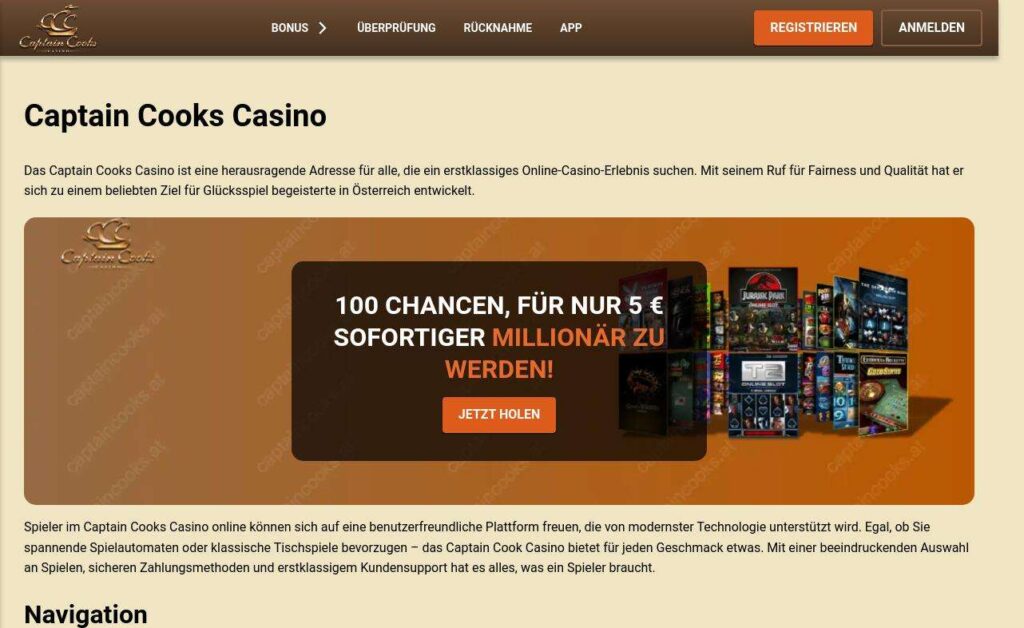 Captain Cooks Casino homepage with promotional banner.