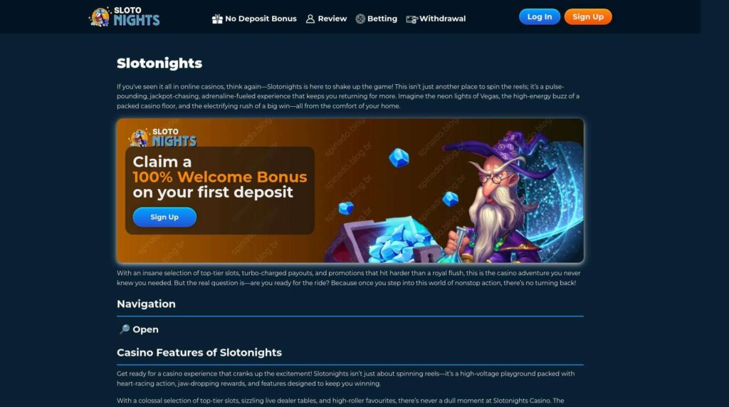 Online casino welcome bonus advertisement webpage.