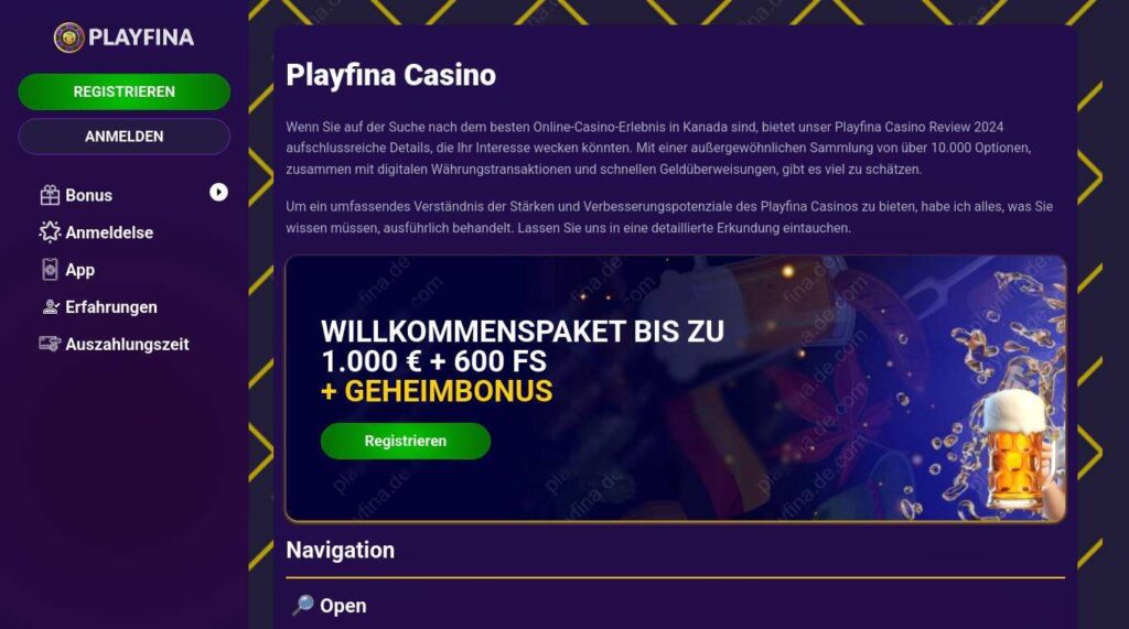 Playfina Casino website with welcome bonus offer.