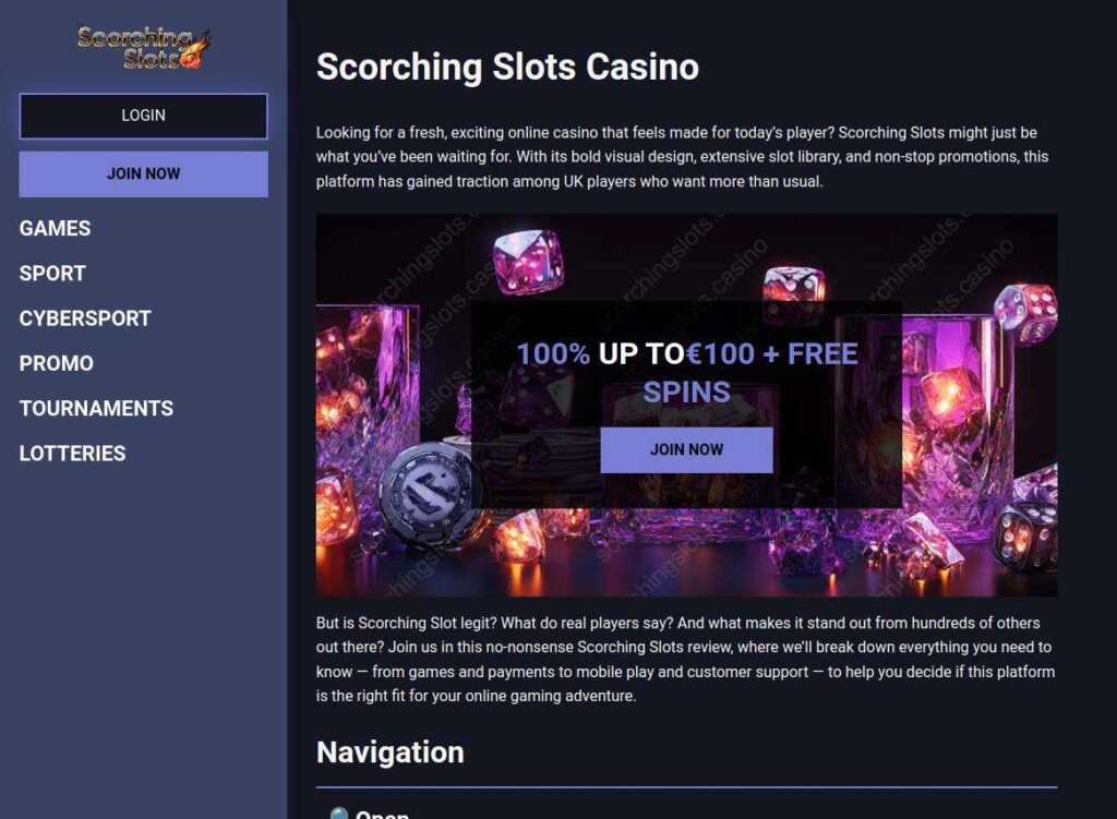 Scorching Slots Casino homepage with promotions.
