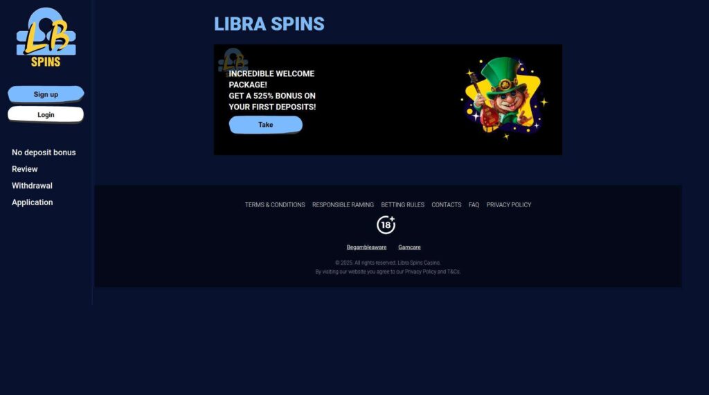 Libra Spins casino welcome bonus offer banner.