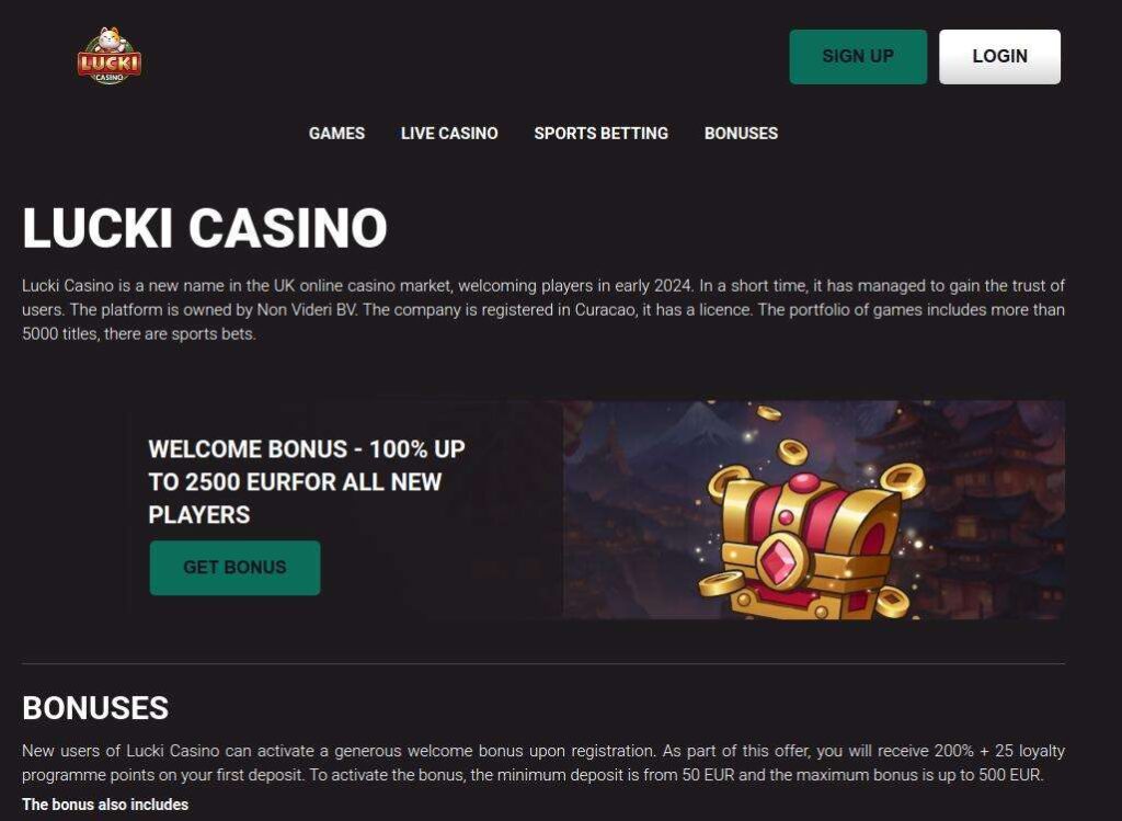 Lucki Casino welcome bonus offer webpage screenshot.