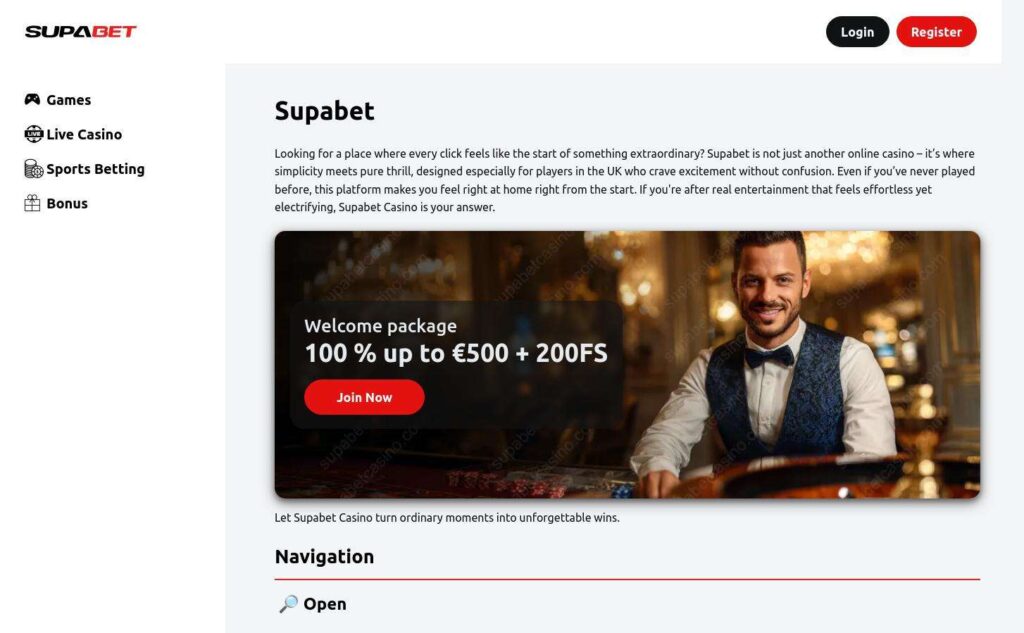 Casino website homepage with welcome package offer.