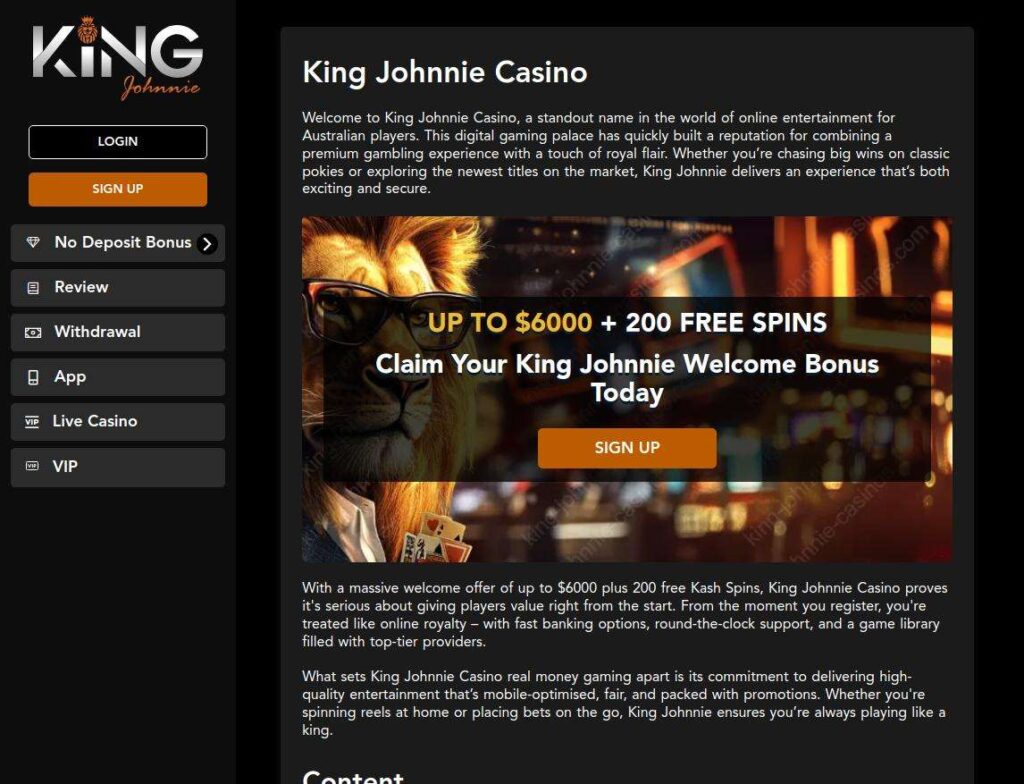 King Johnnie Casino welcome bonus promotion page.