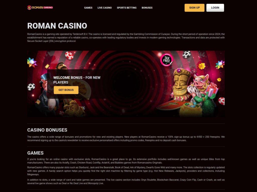 Roman Casino website with welcome bonus promotion.