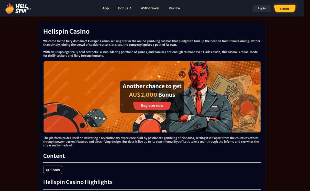 Hellspin Casino bonus offer featuring devil character.
