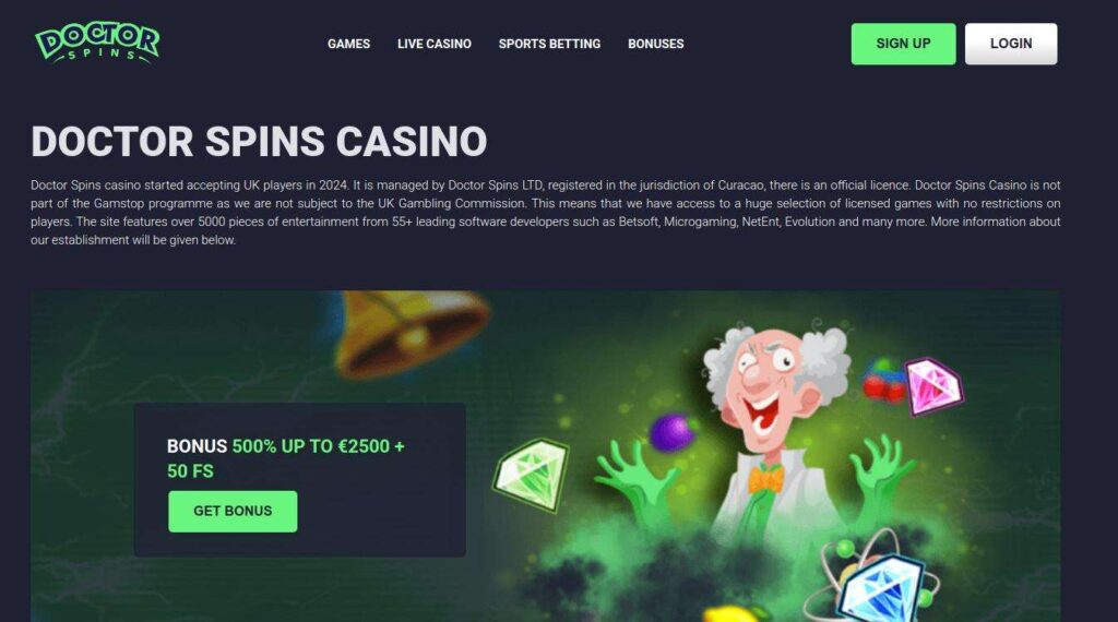 Casino promotion with animated character and gems.