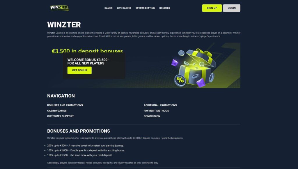 Online casino website homepage with promotional offers.