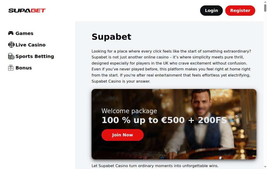 Supabet casino welcome package advertisement webpage.