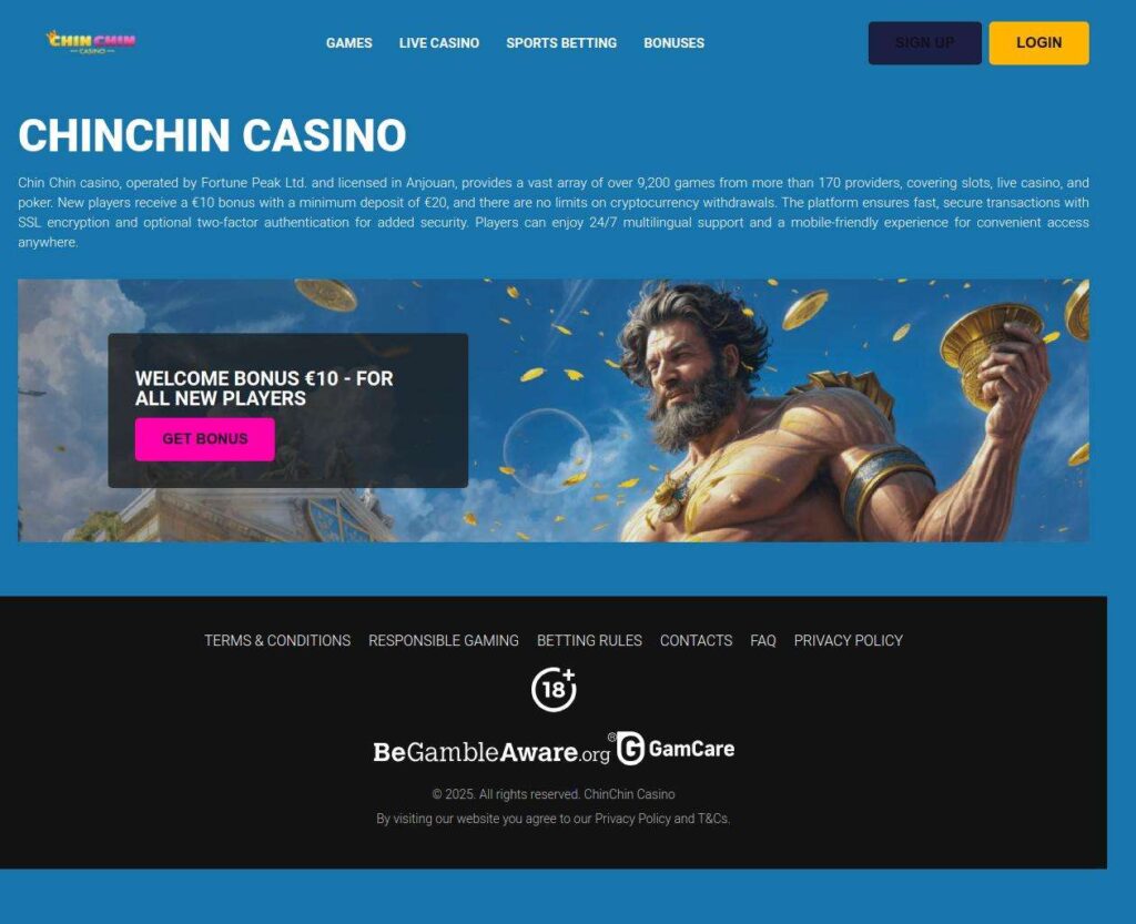 ChinChin Casino homepage with welcome bonus.